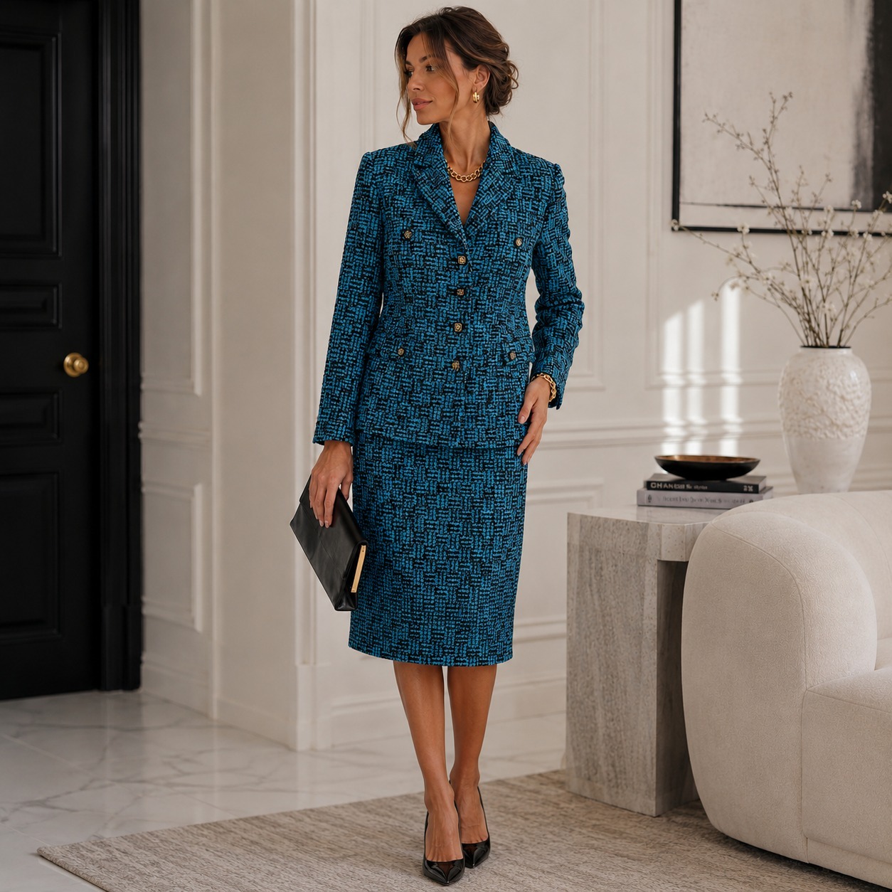 Vintage Escada Margaretha Ley Teal Boucl Tweed Blazer Skirt Suit Large